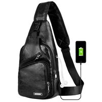 Peicees Leather Sling Bag w/USB Charge Chest Crossbody Backpack Daypack for Men