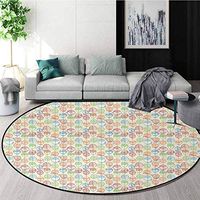 Leaves Modern Machine Washable Round Bath Mat,Autumn Foliage Pattern with Many Line Art Inspired Arrangement Non-Slip Soft Floor Mat Home Decor Diameter-24 Inch,Multicolor
