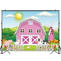 Funnytree 8x6ft Durable Fabric Cartoon Farm Animals Party Backdrop No Wrinkles Pink Barn Girl Baby Shower Birthday Photography Background Rustic Barnyard Scenic Banner Decoration Photo Booth Props