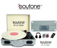 Boytone BT-101TBGR 5 in 1 Briefcase Record Player AC-DC Built in Rechargeable Battery, With 2 Stereo Speakers 3-speed 33/45/78, LCD Display, FM Radio, USB/SD Slot, AUX + MP3, Encoding, Headphone Jack