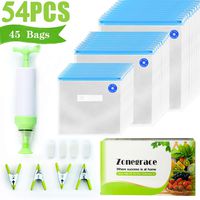 Zonegrace Sous Vide Bags 45 Reusable Vacuum Food Storage Bags for Anova and Joule Cookers - 3 sizes Sous Vide Bag Kit with Pump - 4 Sealing Clips - 4 Sous Vide Bag Clips for Food Storage and Sous Vide Cooking