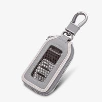 Car Keychain Cover Premium Leather Key Chain Coin Holder Keyring Hook Wallet Zipper Case Remote Smart Key Fob Alarm Security (Gray)