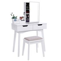 BEWISHOME Vanity Set White Makeup Table Cushioned Stool, Lockable Jewelry Storage Cabinet with Mirror Dressing Desk Armoire Organizer, 2 Sliding Drawers, FST04W