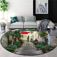RUGSMAT Mediterranean Machine Washable Round Bath Mat,Narrow Street with Flowers Rural Wine Town in Southern France Provinces Photo Non-Slip No-Shedding Bedroom Soft Floor Mat,Round-71 Inch