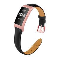 Hotodeal Leather Bands Compatible Charge 3, Genuine Leather Replacement Fitness Accessories Stainless Metal Clasp Smartwatch Wristband Women Men, Black Connector, Shiny Black