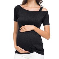 FRana Maternity Shirts for Women Fashion Short Sleeve Pure Colour Tops Breastfeeding Nusring Off Shoulder Blouse Black