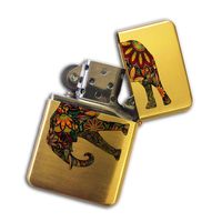 Gold Flip Top Refillable Windproof Lighter - African Elephant Indian Art Lighter Gold