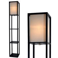 Floor Lamp with Shelves by Light Accents - Shelf Floor Lamp - 3 Shelf Lamp Standing Floor Lamp with Shelves 63" Tall Wood with White Linen Shade - Lamps for Living Room (Black)