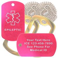 Custom 2 Pack - Epileptic Medical Alert ID Necklaces with Pink Hot Custom Tags, Camo Forest Silencers, and 30'' USA Chains