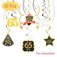 65 Birthday Decoration Happy 65th Birthday Party Silver Black Gold Foil Hanging Swirl Streamers I'm Sixty-five Years Old Today Birthday Hat Gold Star Ornament Party Present Supplies