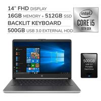 HP 2020 14" FHD IPS Laptop, 10th Gen i5-1035G4 1.10 GHz, 16GB RAM, 512GB SSD,Backlit Keyboard,No DVD,Wi-Fi,Bluetooth,Webcam,HDMI,Windows 10 S,500GB USB 3.0 External HDD