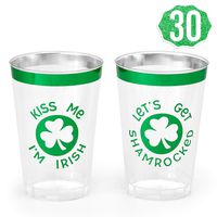xo, Fetti St Patricks Day Decorations Cups - 30 count, 12 oz | Lets Get Shamrocked, Kiss Me I'm Irish Disposable Drinkware, Shamrock Clear Plastic Cocktail Tumbler with Green Foil
