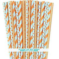 Paper Straws - Orange White - Stripe Chevron Polka Dot - 100 Pack