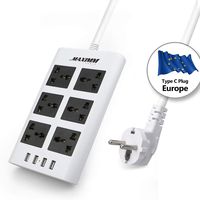 Maximm Surge Protector Flat Power Strip 6 Universal Outlets with 4 USB Ports, Desktop Charging Station, 4000W/10-16A Multiplug (6.5 ft, White) w/ (Type C) EU Plug