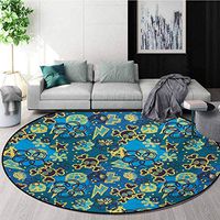 RUGSMAT Grunge Modern Machine Washable Round Bath Mat,Cool Retro Symbols Pattern Skulls with Bones Thunder Bolt Peace Sign Non-Slip Soft Floor Mat Home Decor,Round-59 Inch Blue Yellow Dark Purple