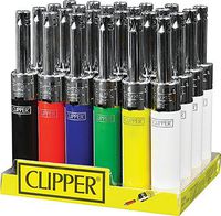 Clipper 24ct electronic mini tube lighters. Solid colors w/chrome stem. Refillable.