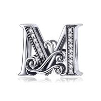 Solid 925 Sterling Silver with Cubic Stones, Complete A~Z Gift Options Alphabet Charm Letter Beads fit Pandora European Bracelets (M)