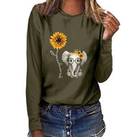 Meikosks Women's Sunflower Elephant Print T Shirt Long Sleeve Round Neck Tops Basic Loose Blouses