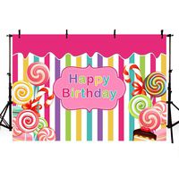 MEHOFOTO Candyland Themed Pink Photo Studio Background Girl Happy Birthday Princess Colorful Stripes Candy Cake Party Decorations Banner Photography Backdrops for Dessert Table 7x5ft