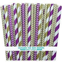 Outside the Box Papers Purple and Gold Chevron and Stripe Paper Straws 7.75 Inches 100 Pack Purple, Gold, White
