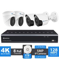 Camius 4K NVR 8 Channel PoE Security Camera System with 3TB HDD, 4 pcs 5MP Wired Weatherproof IP Dome and Bullet Cameras - Night Vision, Wide View, Audio - 8P4B3T-A