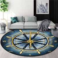 RUGSMAT Compass Modern Washable Round Bath Mat,Navigation Golden Compass with Windrose and Helm On A Wavy Backdrop Maritime Non-Slip Bathroom Soft Floor Mat Home Decor,Round-51 Inch