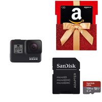 GoPro HERO7 Black Waterproof Digital Action Camera with Sandisk Ultra 128GB Micro SDXC UHS-I Card and Amazon.com Gift Card in a Red Gift Box Reveal