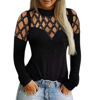 Womens Casual Openwork Tops AmyDong Ladies Long Sleeve Cut Hollow Out Rhinestone Casual T-Shirt Tunic Tops Black