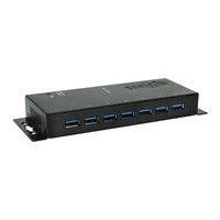 Coolgear 7 Port USB 3.0 Industrial Hub with 350 Watt Surge Protection and 15KV ESD Protection, Integrated Mounting Brackets, 12V 3amp Power Supply Included.