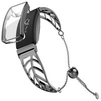 UooMoo Band and Case Compatible with Fitbit Inspire, Leaf Shape Stainless Steel Bracelet Women Replacement for Fitbit Inspire Smart Watch, Black