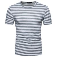 HimTak  Men's Summer Casual Stripe Round Neck Pullover T-shirt Top Blouse (Gray,M)