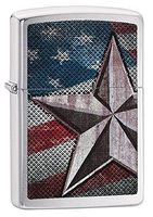 Zippo American Flag Star Pocket Lighter, Brushed Chrome