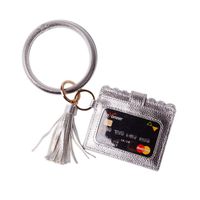 Lantintop Multifunctional Key Ring with Card Holder PU Leather Round Key Ring With Matching Wristlet Wallet For Women Girls (Silver)