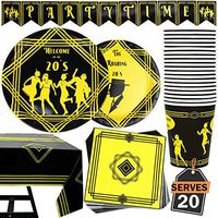 82 Piece 1920's Theme Party Supplies Set Including Plates, Cups, Napkins, Tablecloth and Banner, Serves 20