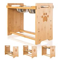 PUPTECK Raised Pet Bowls for Cats and Dogs Adjustable Bamboo Elevated Feeder Stand with 2 Stainless Steel Bowls