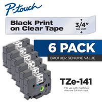 Brother Genuine P-Touch 6-Pack TZe-141 Laminated Tape, Black Print on Clear Standard Adhesive Laminated Tape for P-Touch Label Makers, Each Roll is 0.7"/18mm (~ 3/4") Wide, 26.2 ft. (8M) Long