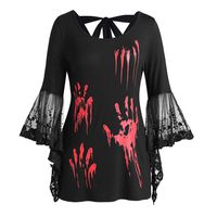 jin＆Co Halloween Costumes Womens Tops Plus Size Lace Flare Long Sleeve Vintage Printed Back Knotted T-Shirt Blouses Black