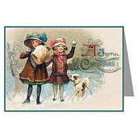 Twelve 3.5x5 Vintage Holiday Note Cards In A Boxed Set Of Two Sisters Wishing You A Joyfull Christmas In A Snow Storm In Traditional Dress