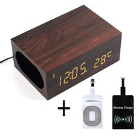 WALTSOM Wireless Charger Speaker, Multi-Function Wooden LED Digital Clock Bluetooth Speaker with Built in Mic, NFC, Temperature/Time Display, Alarm Clock for Smartphones Laptop Home Use (Dark Wood)