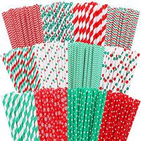 Cooraby 300 Pieces Christmas Drinking Paper Straws Biodegradable Paper Straws Red and Green Straw Mix for Christmas Party Favors and Wedding Supplies, 12 Styles
