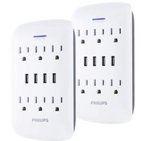 Philips 6-Outlet Surge Protector Wall Tap with 4 USB Ports, 2 Pack, Charging Station, Power Adapter, 900 Joules, Extender, White, SPP6469WG/37