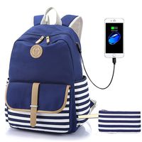 Waterproof Canvas Backpack for College Girls Women, Lmeison Stripe Bookbag with Lunch Bag and Pencil Case USB Charging Port Fits 14" Laptop Backpack Travel Daypack(Blue)