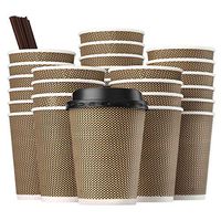 Eupako 12 oz Disposable Coffee Cups with Lids and Straws 80 Set, Insulated Corrugated Sleeve Paper Hot Drink Cups To Go, Perfect for Hot and Cold Drinks (Brown Geometric)