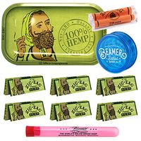 Zig Zag Organic Hemp Metal Rolling Tray, 6 Packs of Zig Zag 1 ¼ Size Organic Hemp Rolling Papers, 78mm Zig Zag Roller, and Beamer 3-Piece Acrylic Grinder + Beamer Smoke Stickers