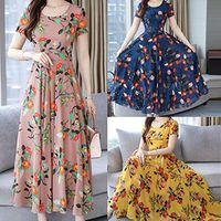 Veodhekai Women Floral Dress Elegant OL Lady Autumn Elegant O-Neck Knee Length Long Sleeve Printing Dress Wedding (2 Pink, L) (2 Pink, XXXL)