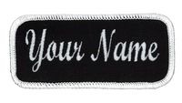 Name Patch Uniform Work Shirt Personalized Embroidered Black with White Border. Hook Fastener.