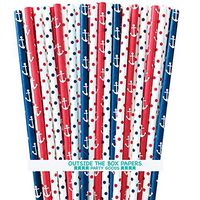 Anchor and Polka Dot Nautical Theme Paper Straws - Navy Blue Red and White - 7.75 Inches - 100 Pack - Outside the Box Papers Brand