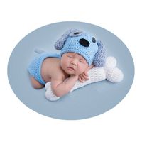 Newborn Baby Photo Props Outfits Crochet Knitted Blue Dog Hat Shorts with Bone Set for Boys Girls Photography Shoot