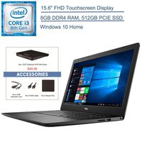 2019 Dell Inspiron 15 Laptop Computer, 15.6" FHD Touchscreen, 8th Gen Intel Core i3-8145U (Beat i5-7200U) Up to 3.9GHz, 8GB DDR4 RAM, 512GB PCIE SSD, Windows 10 + EST External DVD+ Accessories