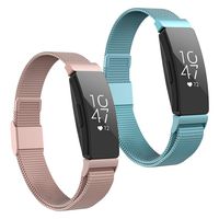 POY Compatible with Fitbit Inspire Hr Bands, Stainless Steel Replacement for Fitbit Inspire and Ace 2 Metal Loop Bracelet Sweatproof Wristbands for Women Men 2 Packs Rosepink SkyBlue Large